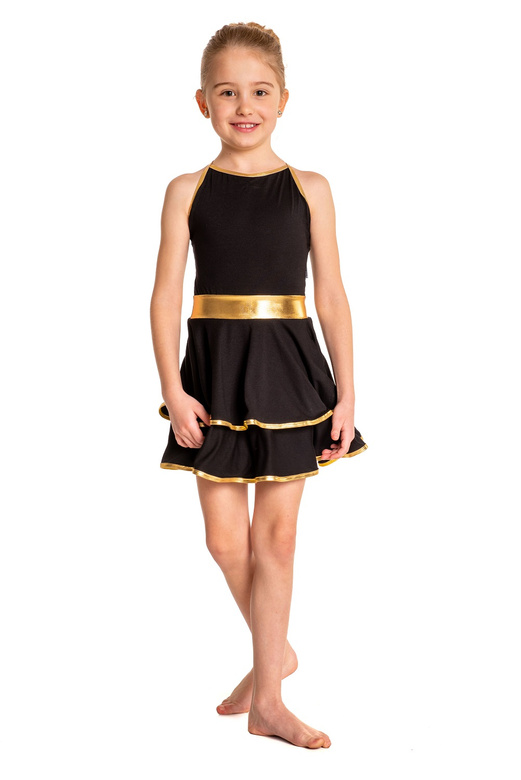 Dámské dětské šaty s tenkými ramínky a volánky se zlatým lemováním pro černé představení