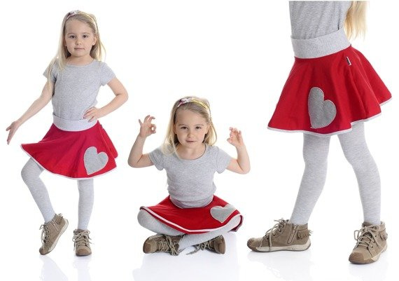 Dívčí kruhová sukně s lemováním - červený motiv HEART