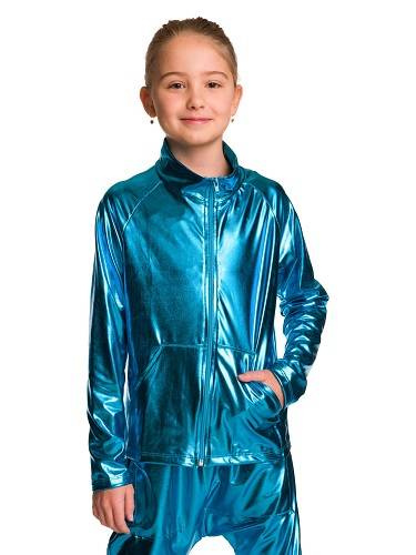 Metalická třpytivá mikina s dlouhými rukávy, stojáčkem, zipem a kapsami na drobnosti tyrkysová