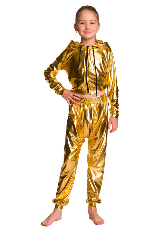 Dámská metalická třpytivá mikina s velkou kapucí pro výkonnostní zlatou barvu