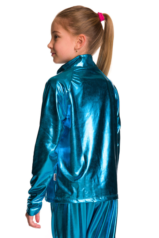 Metalická třpytivá mikina s dlouhými rukávy, stojáčkem, zipem a kapsami na drobnosti tyrkysová