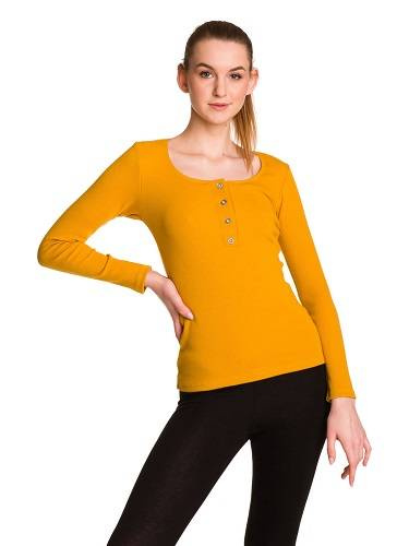 Dámská bavlněná pruhovaná halenka s dlouhými rukávy hořčicové barvy