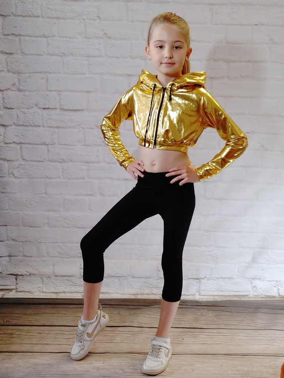 Dámská metalická třpytivá mikina s velkou kapucí pro výkonnostní zlatou barvu