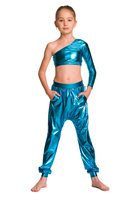 Dámský sportovní top pro dívky kovově lesklý asymetrický s dlouhými rukávy a šikmým výstřihem pro výkon tyrkysový