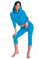 Dámská velurová tepláková souprava Mikina s kapucí + 3/4 kalhoty tyrkysová