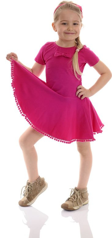 Báječné šaty pro dívku s BIRDS a lukem fuchsie