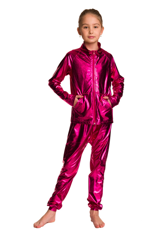 Kovově lesklá mikina s dlouhými rukávy, stojáčkem, zipem a kapsami na zip fuchsiová