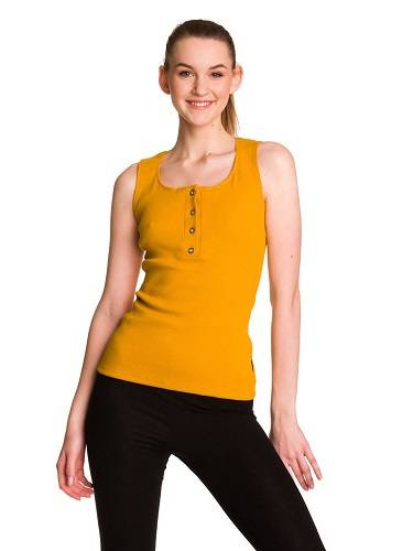 Dámská bavlněná pruhovaná halenka bez rukávů hořčicové barvy