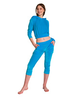 Dámská velurová tepláková souprava Mikina s kapucí + 3/4 kalhoty tyrkysová
