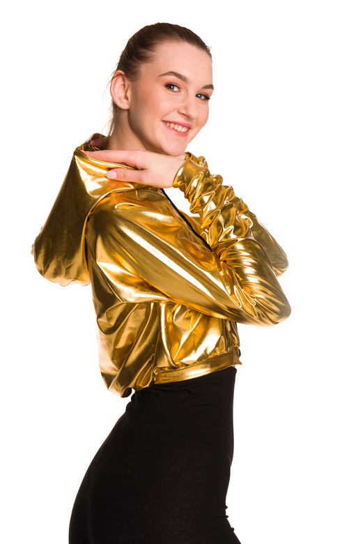 Dámská metalická třpytivá mikina s velkou kapucí pro výkonnostní zlatou barvu