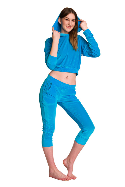 Dámská velurová tepláková souprava Mikina s kapucí + 3/4 kalhoty tyrkysová