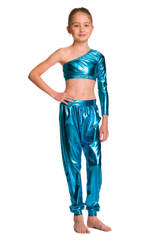 Dámský sportovní top pro dívky kovově lesklý asymetrický s dlouhými rukávy a šikmým výstřihem pro výkon tyrkysový