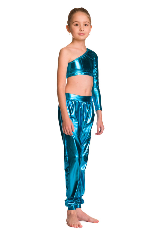 Dámský sportovní top pro dívky kovově lesklý asymetrický s dlouhými rukávy a šikmým výstřihem pro výkon tyrkysový